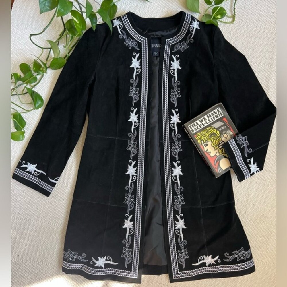 Vintage Black Suede Embroidered Long Jacket